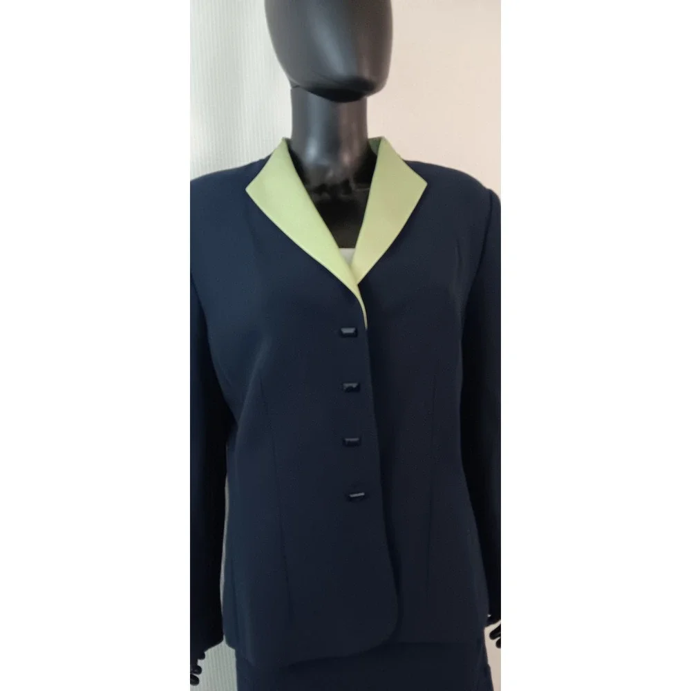Kasper ASL Womens Skirt Suit Set Navy Blue Lime Green Trim Size 16 Blazer Skirt